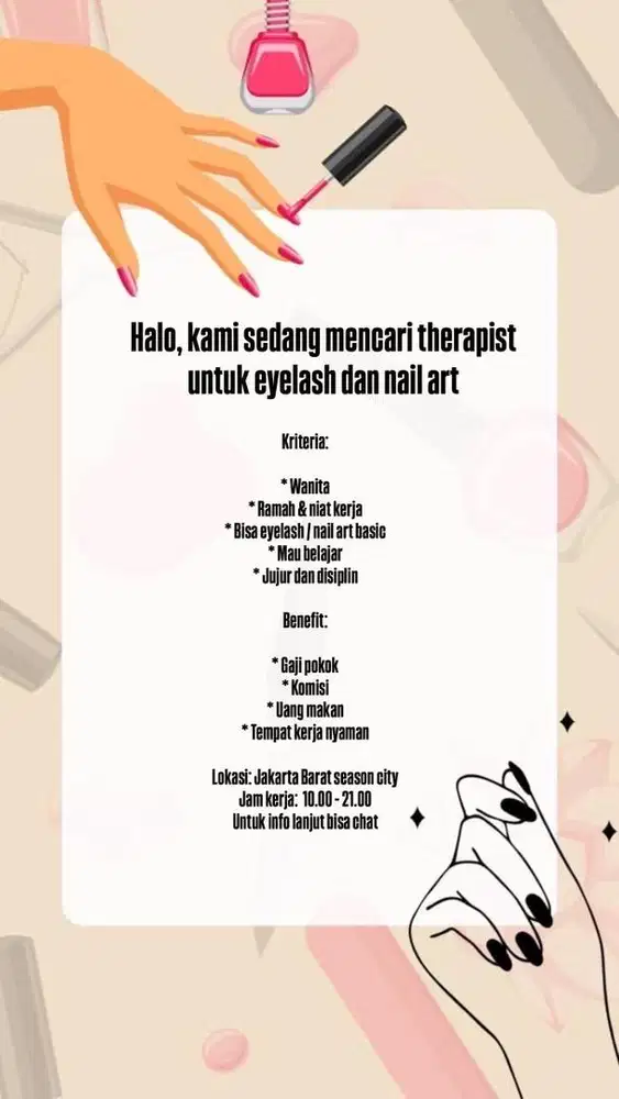 Dicari Therapist Eyelash & Nail Art – Gaji + Komisi