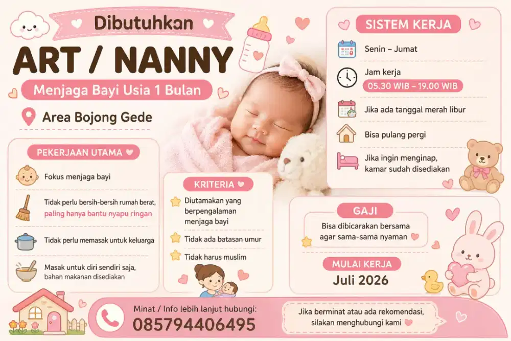 Mencari ART untuk bayi 1 bulan Area Bojonggede