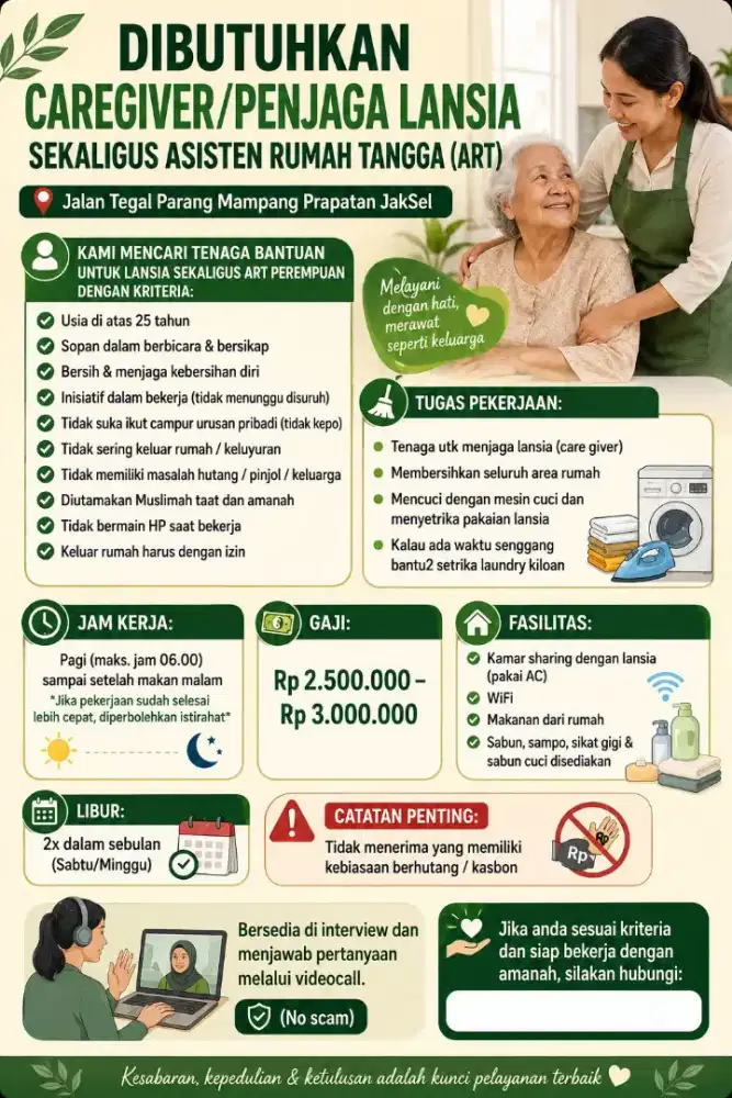 Dicari caregiver perempuan sekaligus ART rumah lansia
