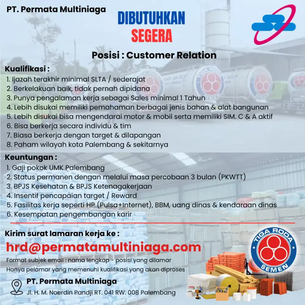 Loker Posisi Customer Relation/Sales PT. Permata Multiniaga - Plg