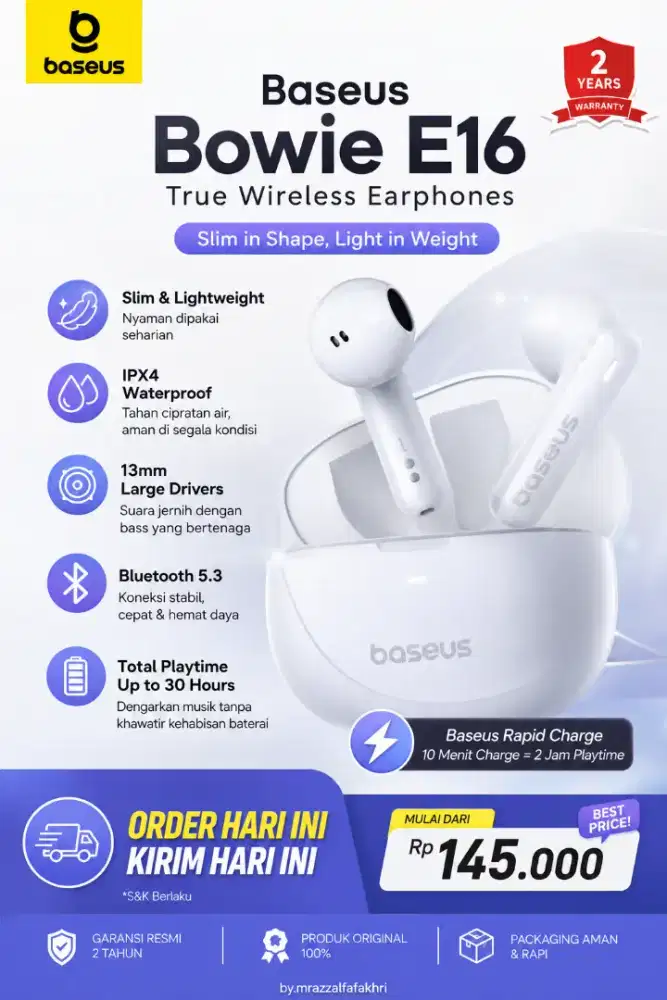 Terlaris! Headset Bluetooth Baseus Bowie E16