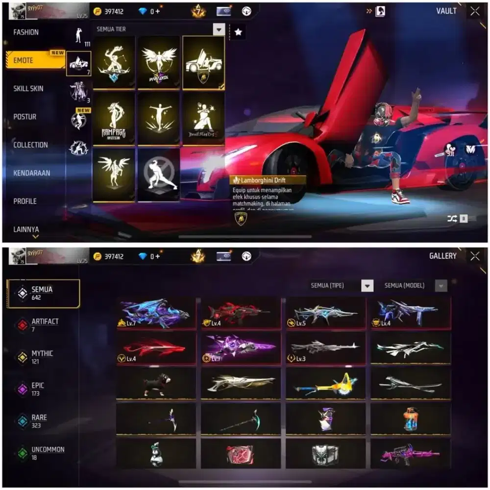Jual akun ff sultan + 200 DM Evogun Max murah