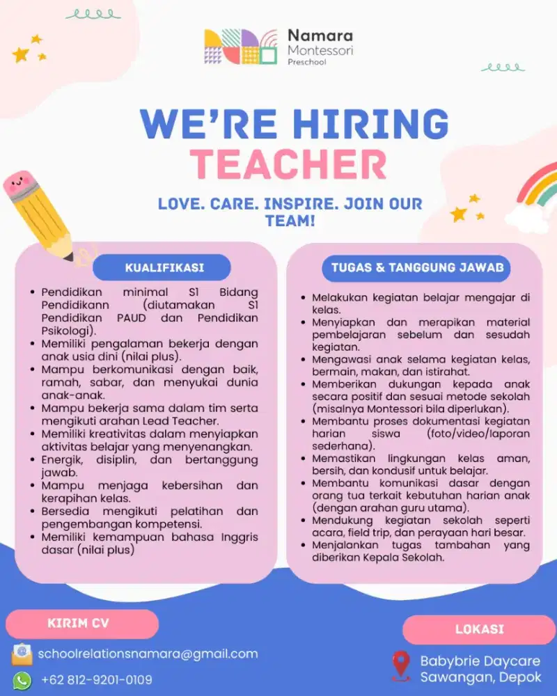 Dibutuhkan segera Teacher/Guru untuk Preschool