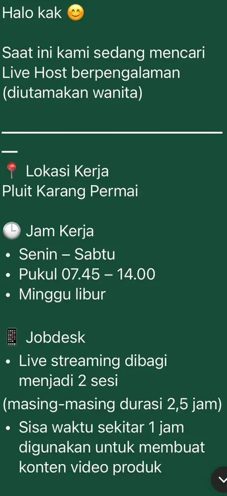 Live Host Streaming Wanita | Gaji + Bonus | Pluit Jakarta