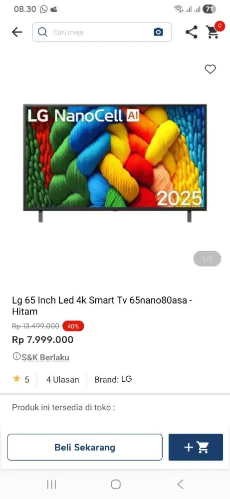 Lg 65 inci led 4k smart tv 65nano80asa