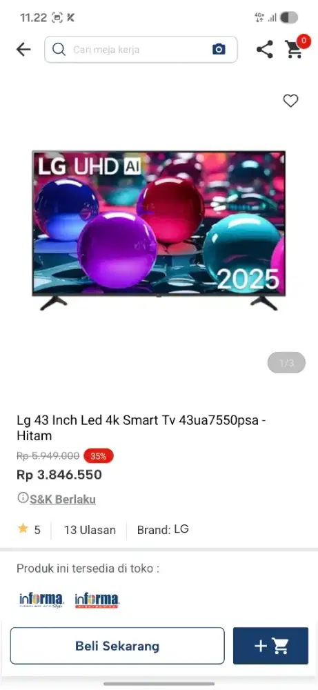 Ready stok tv lg 43 inc smart tv