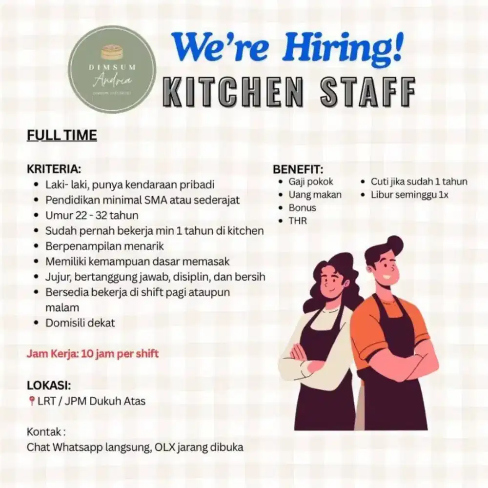Dibutuhkan kitchen staf area dukuh atas