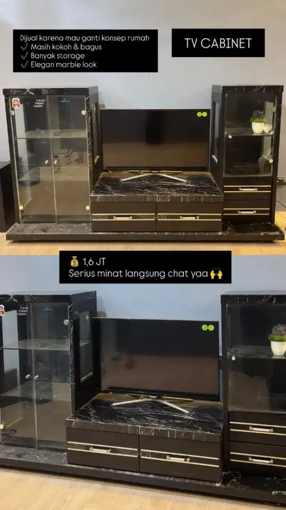 Meja TV dengan etalase pajangan kiri kanan
