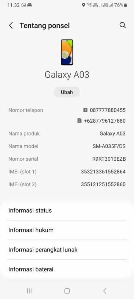 Saya mau jual hp Samsung Galaxi A03 Ram 4/64
