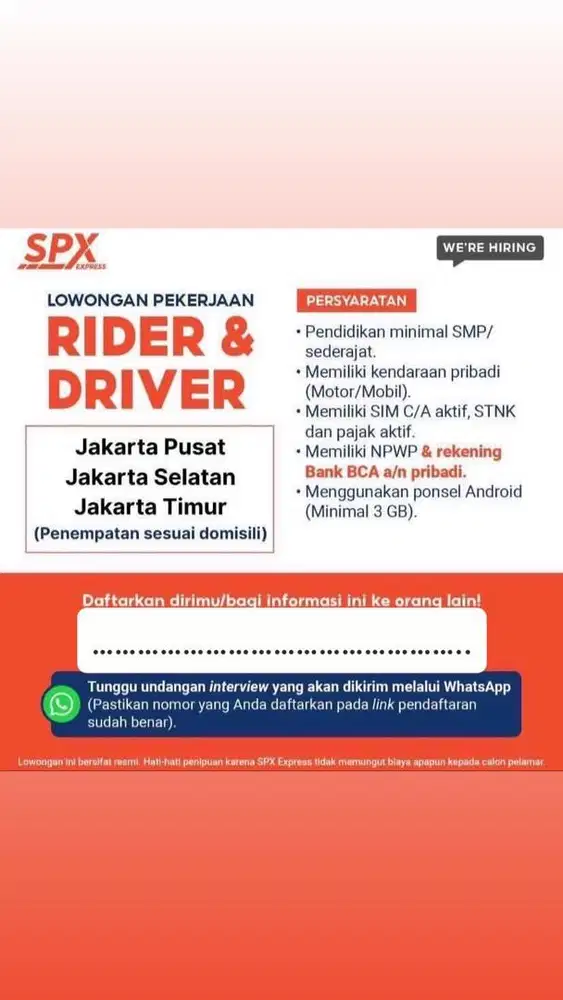 LOWONGAN KERJA SPX EXPRESS KURIR MOTOR DAN KURIR MOBIL AREA JAKARTA