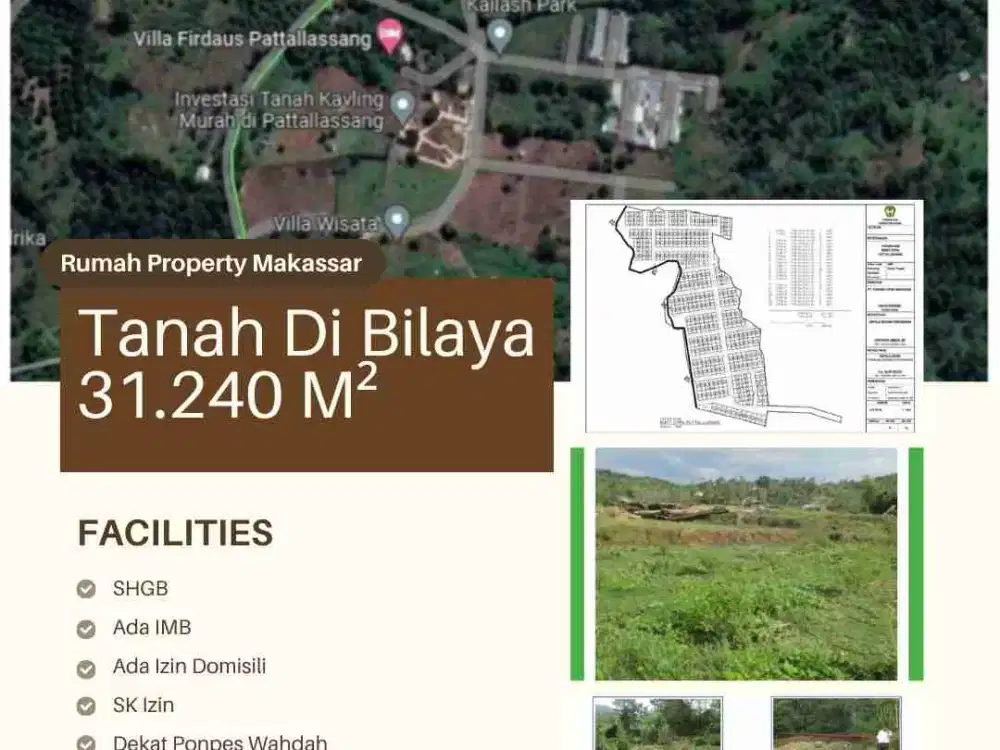 Tanah Di Pattalassang 
Dekat SD Inpres Bollangi
31,250 M² 
Sudah Ada IMB, SK Izin, SK Domisili, SHGB
Tanah
Rp. 320 RB Permeter