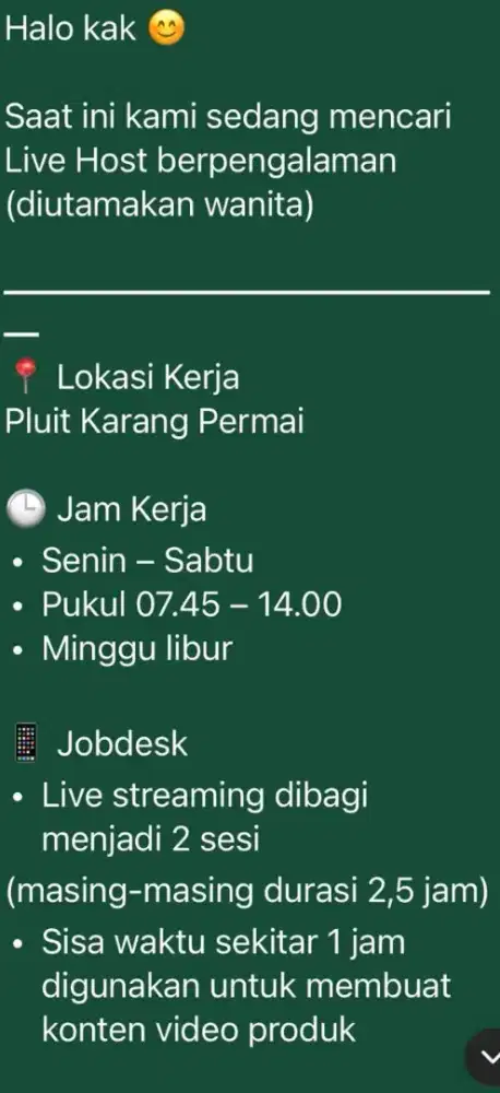 Live streaming host yang berpengalaman di utamakan wanita.