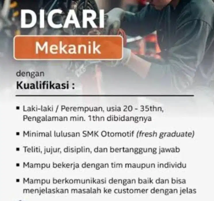 lowongan kerja mekanik dan jasa cuci motor
