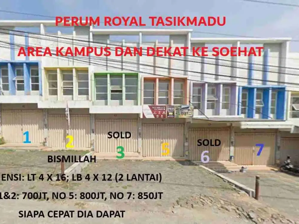 ruko murah BU segera, bila borongan ada harga spesial lokasi tasikmadu dekat arah karangploso dan jalan tol