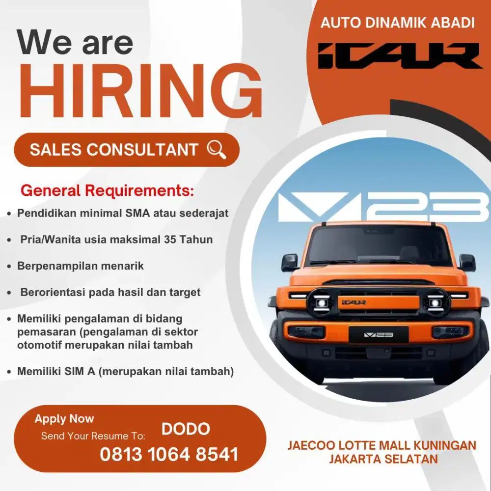 Dibutuhkan Sales Consultant Mobil iCar Penempatan Lotte Kuningan