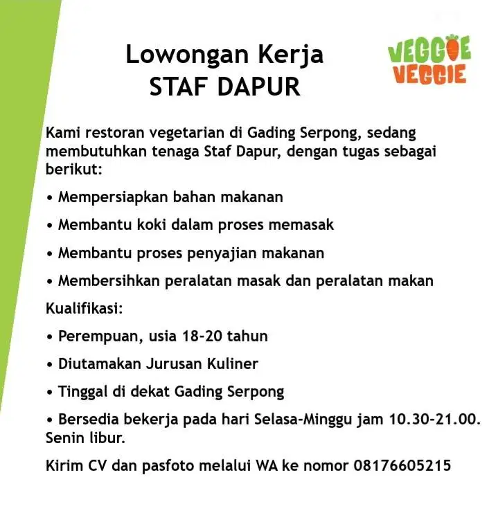 LOWONGAN KERJA STAF DAPUR