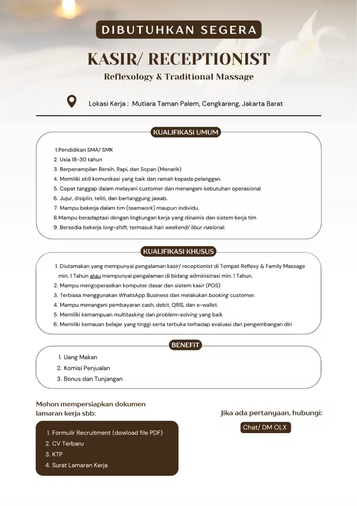 DIBUTUHKAN SEGERA | Receptionist Family Massage & Reflexology