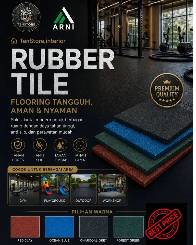 Rubber Tile Flooring | Tebal 1,5 cm Ukuran50 X 50 cm | 4 Pilihan Warna