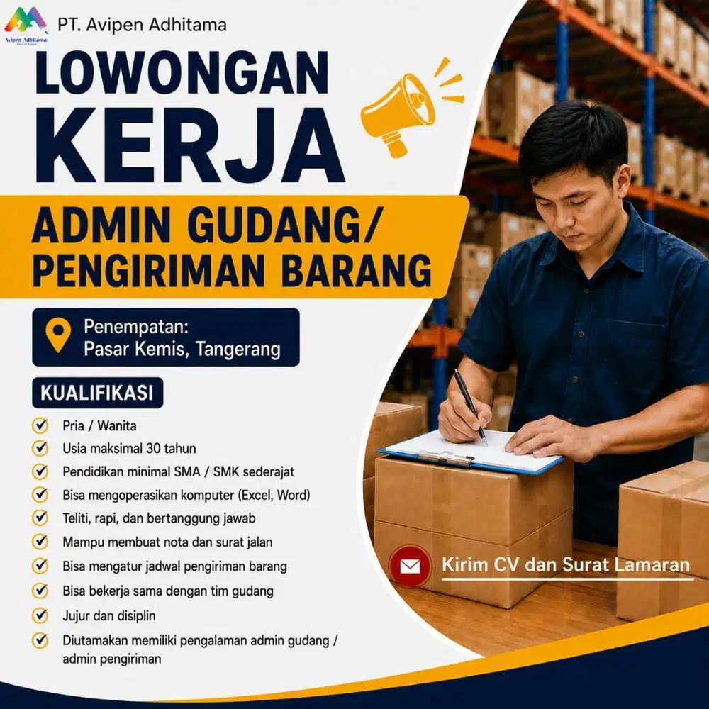 Lowongan Kerja Segera Admin Gudang/Pengiriman Berpengalaman