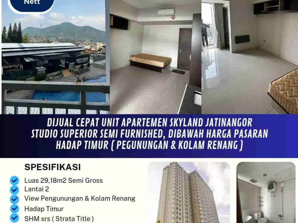 Dijual Cepat Apartemen Skyland Jatinangor, Semi furnished Lantai 2 dibawah harga pasaran, hadap timur bukan unit lelang.