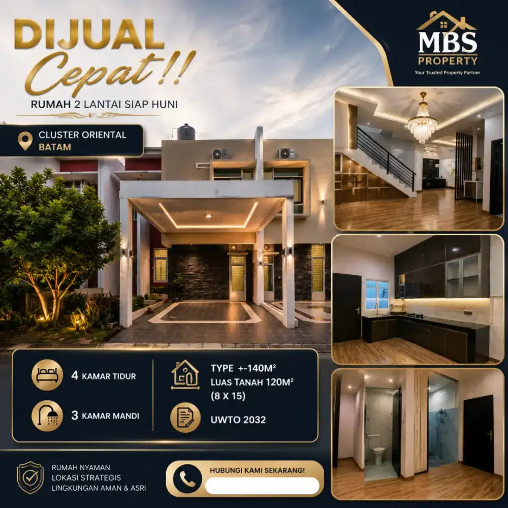 Rumah 2Lantai Cluster Oriental Hadap Timur Siap Huni, Batam