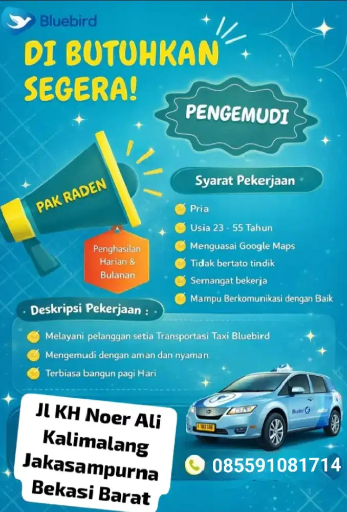 Lowongan pekerjaan pengemudi taksi Bluebird pool galaxy Bekasi