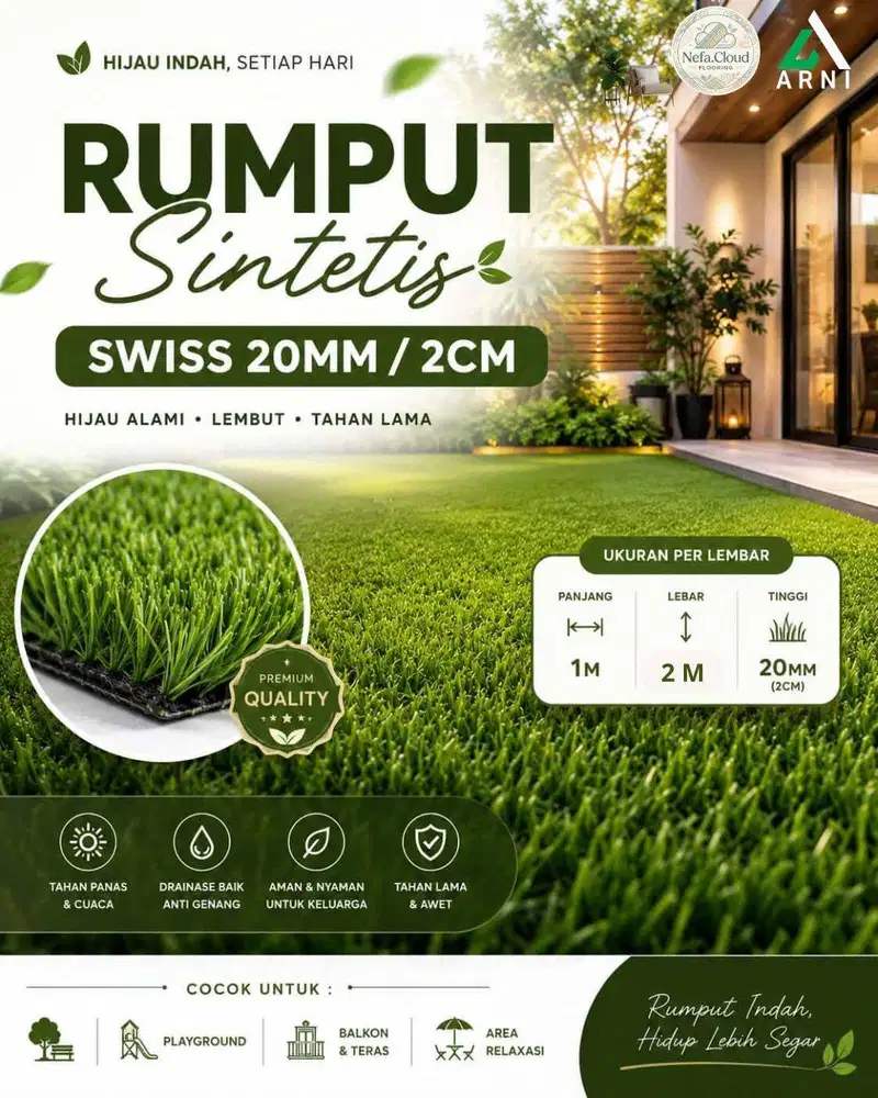 Rumput Sintetis Swiss Lebar 2 Meter | Mudah Pasang | Mudah Ditanam