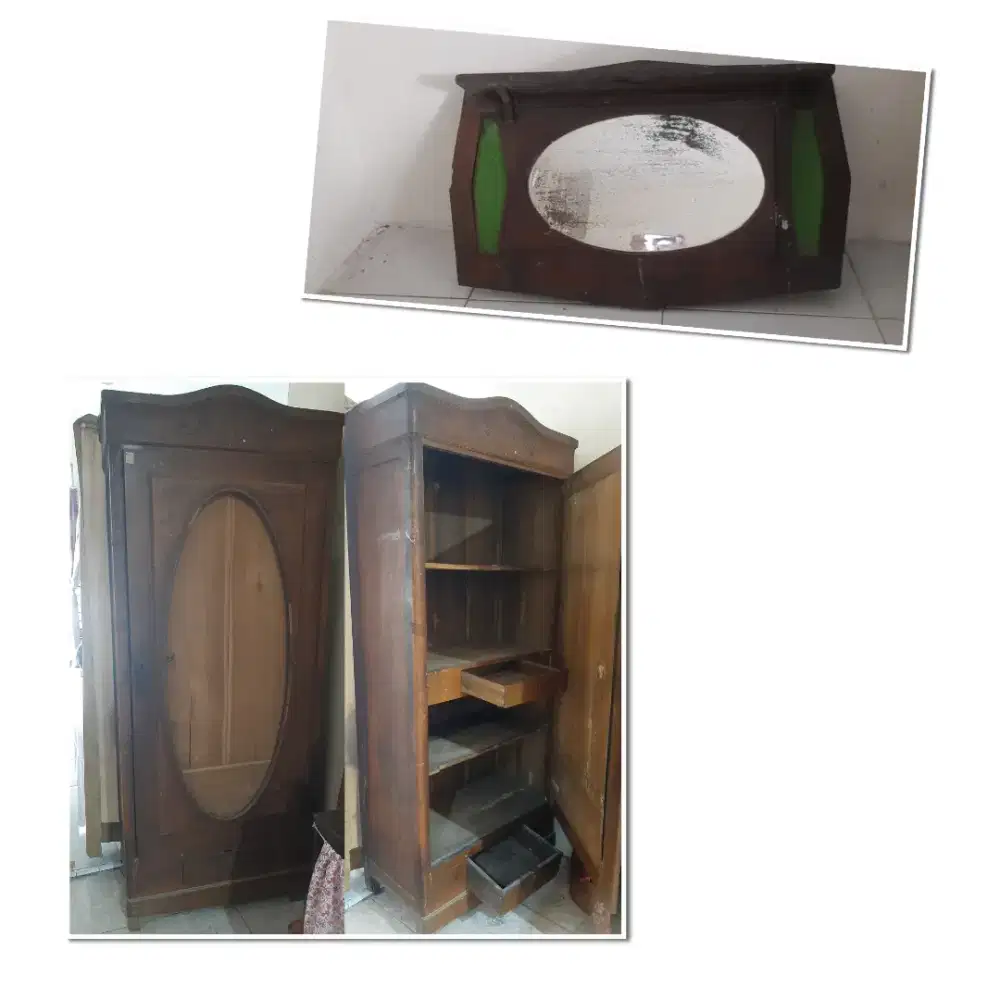 Set Fumniture Antik Kayu Jati Lawas 50+thn - Lemari + Cermin Kapstok