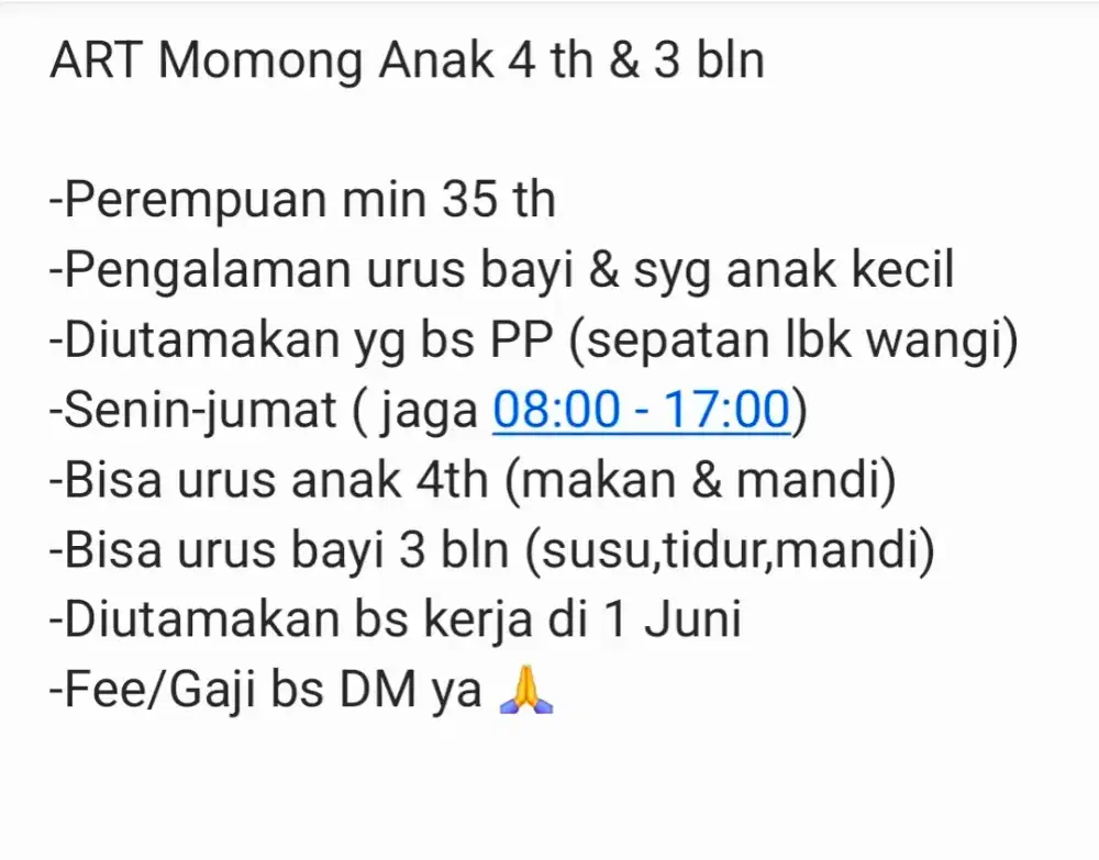 Dicari ART Momong anak aja