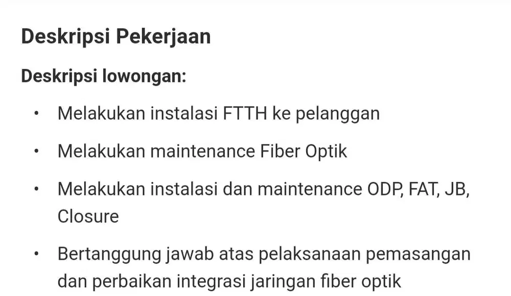 Lowongan Teknisi Fiber Optic (area tanah datar, sumatra barat)