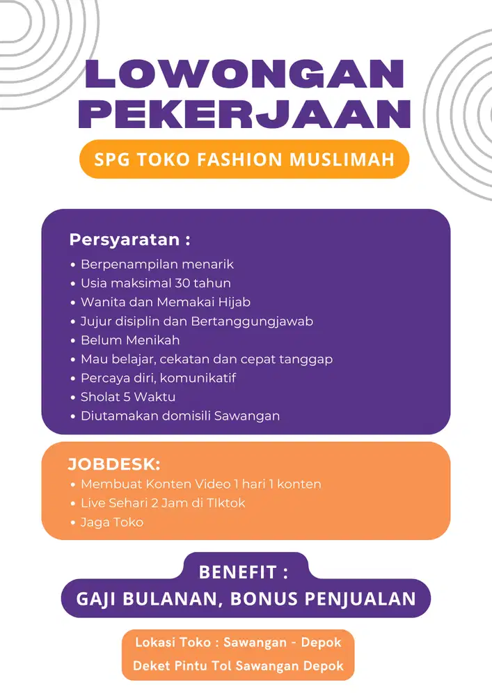 LOWONGAN KERJA SPG TOKO FASHION WANITA SAWANGAN DEPOK