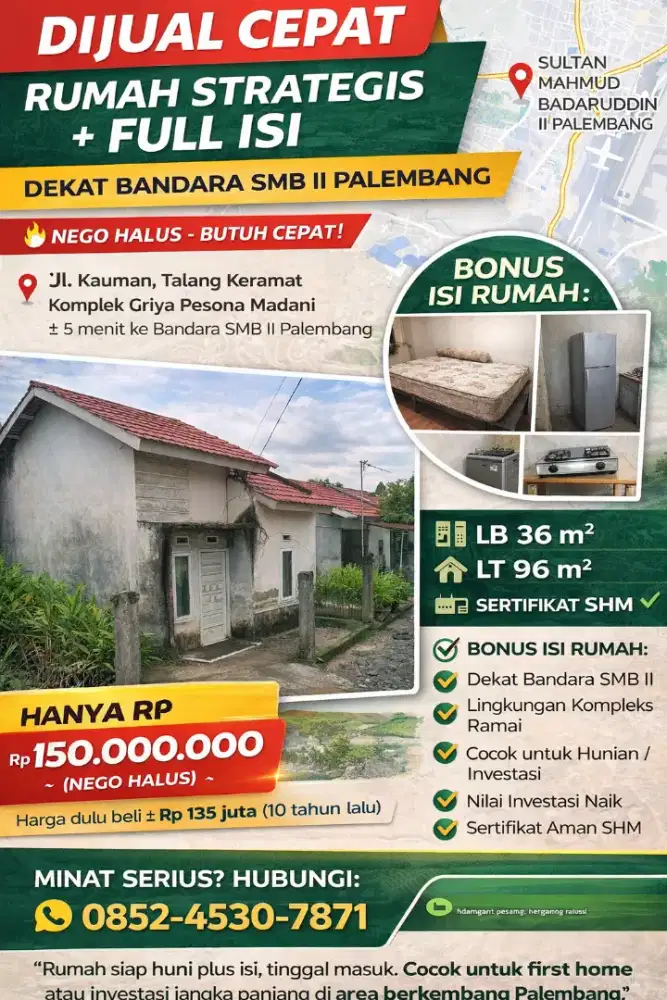 Rumah Murah Strategis Talang Keramat - SHM - Jual Cepat