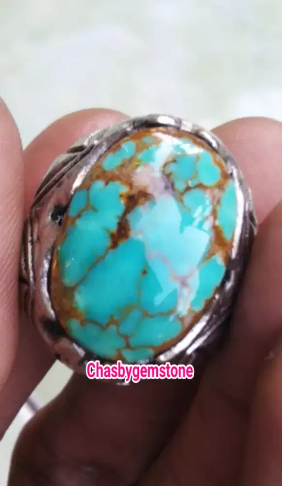Cincin Pirus Persia serat jala-Batu Pirus Persia serat jala hijau tosc