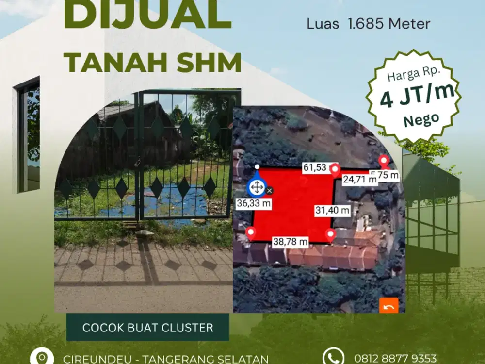 Tanah  SHM 1.685meter di Cireundeu, Tangerang Selatan