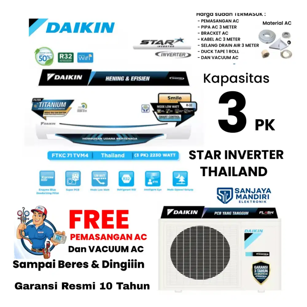 DAIKIN AC Split Kapasitas 3 PK STAR INVERTER THAILAND 3 PK STKC71TV