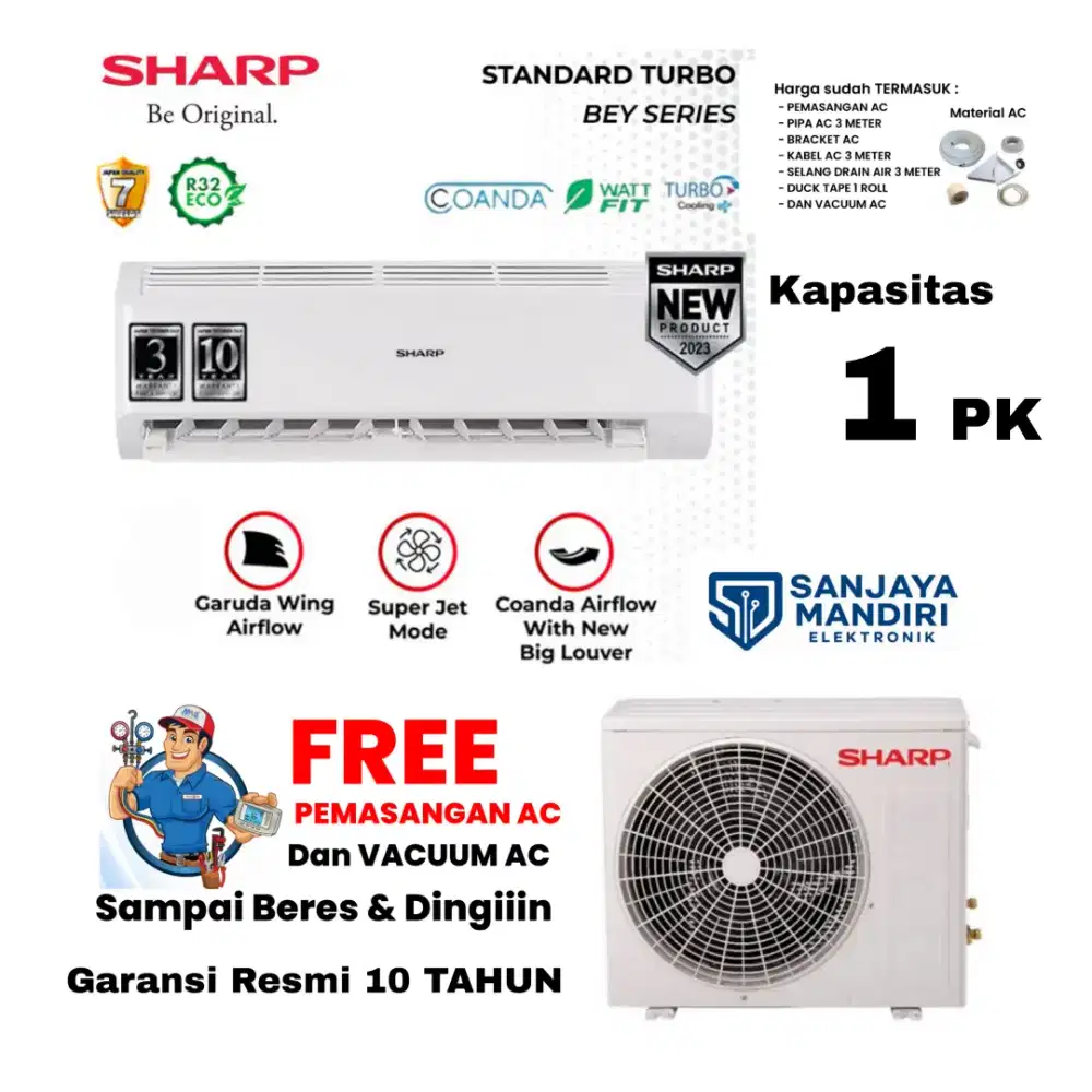 SHARP AC Split Kapasitas 1 PK  R32 MultiAir Flow TurboCooling AH-A9BEY