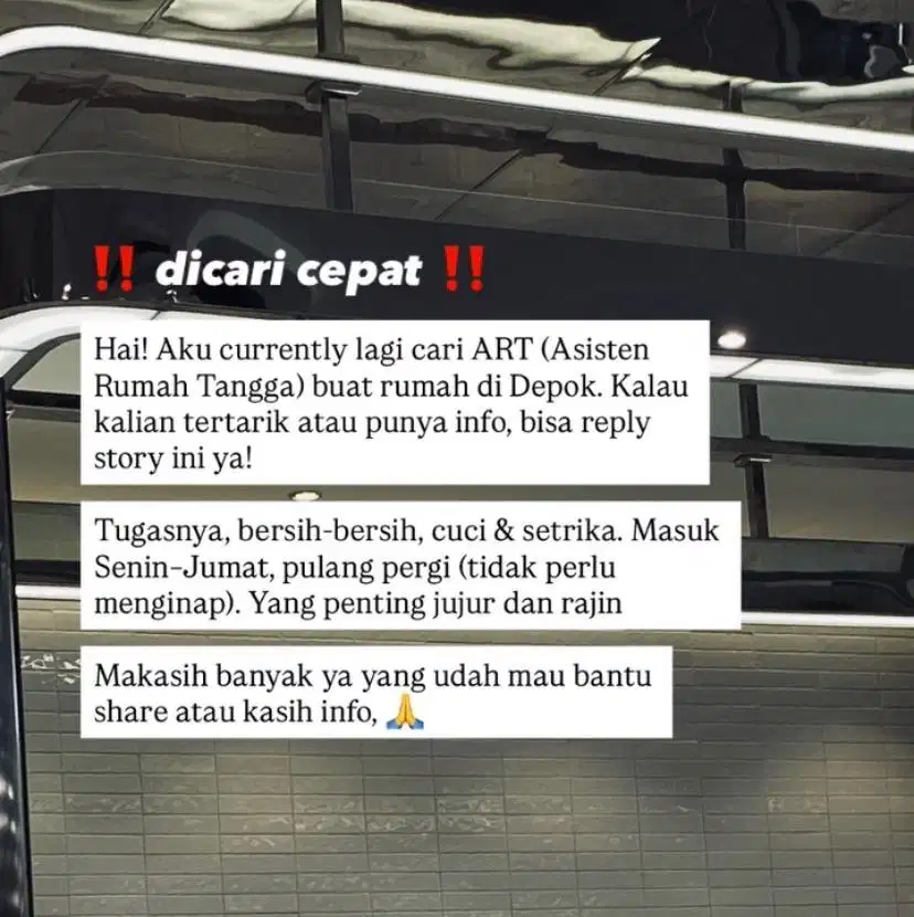 BUTUH CEPAT ART (Asisten Rumah Tangga)