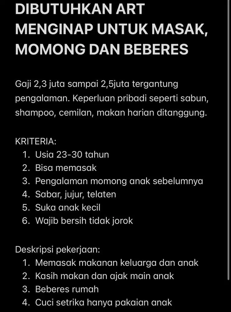 DIBUTUHKAN ART MOMONG DAN BEBERES