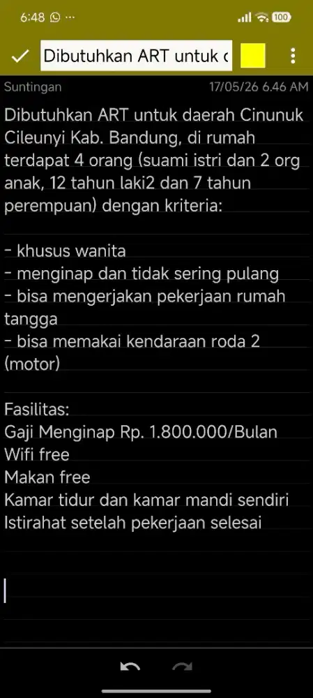 Dibutuhkan ART untuk daerah Cinunuk Kab Bandung