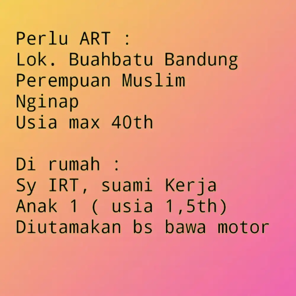 Dibutuhkan ART Wanita