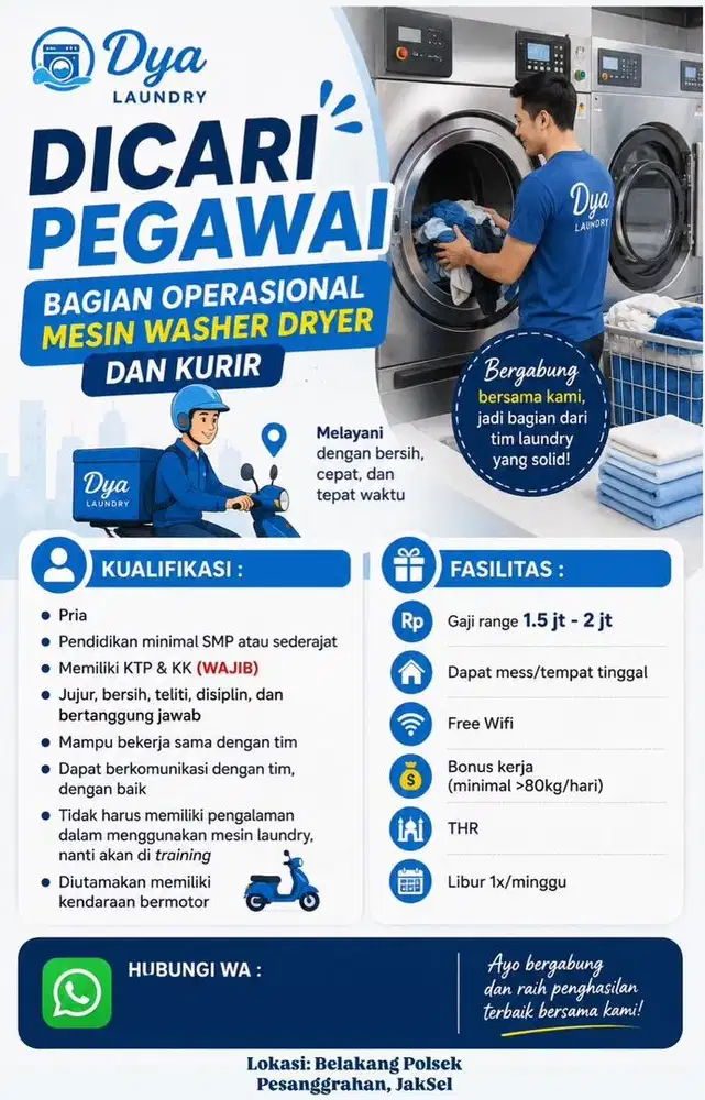 Lowongan kerja jasa operasional mesin washer & dryer dan back up kurir