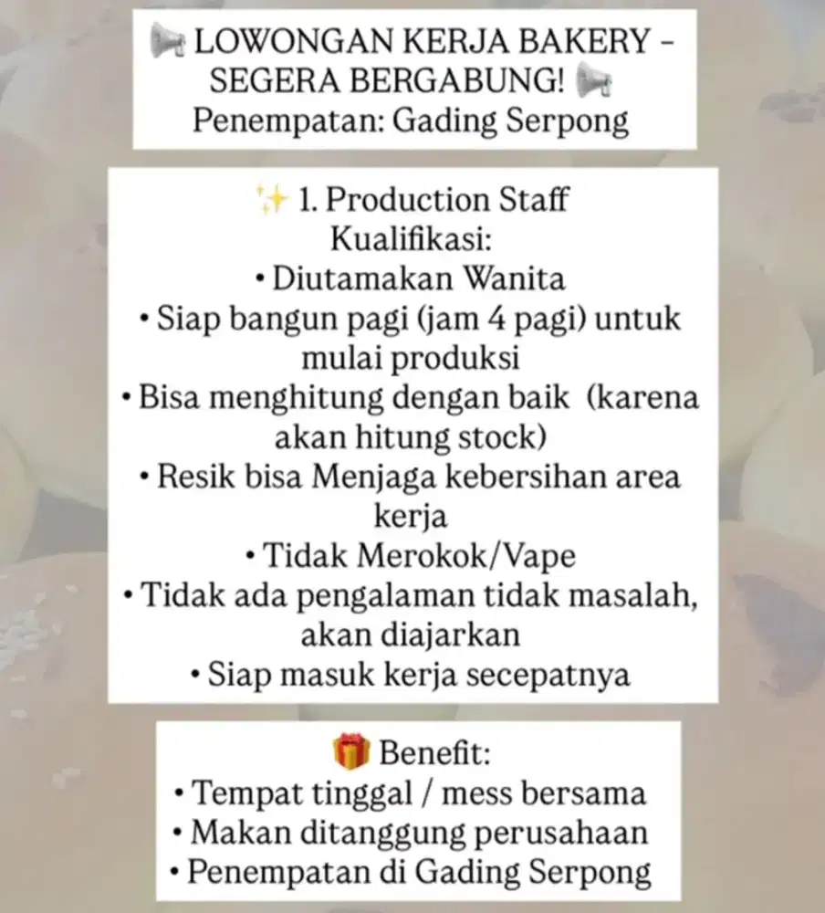 Dicari serius!! Production staff