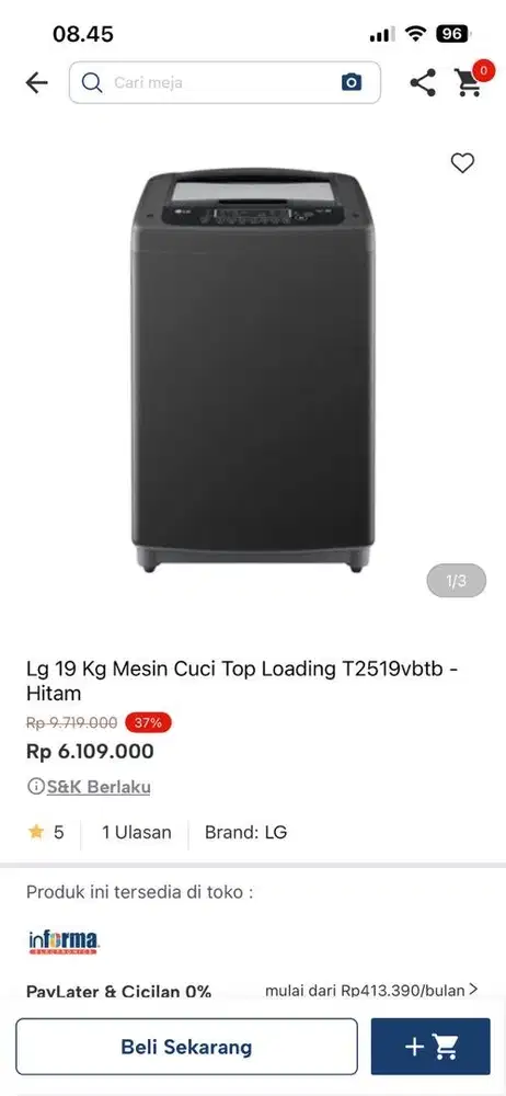mesin cuci LG top loading 19kg