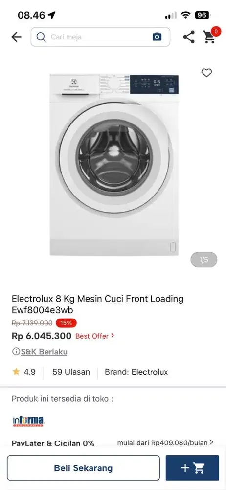 mesin cuci electrolux 8kg ewf8004