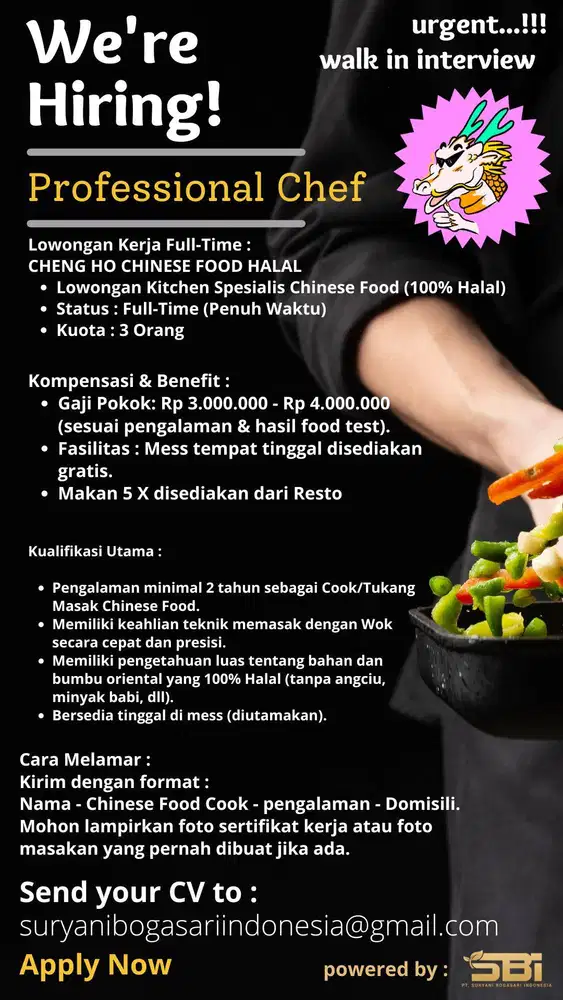LOWONGAN KERJA UTAMA: Chef Spesialis Chinese Food Halal (Full-Time)