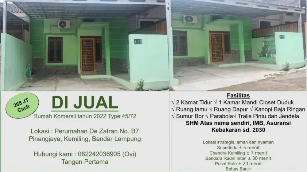 Di jual Rumah komersil type 45/72