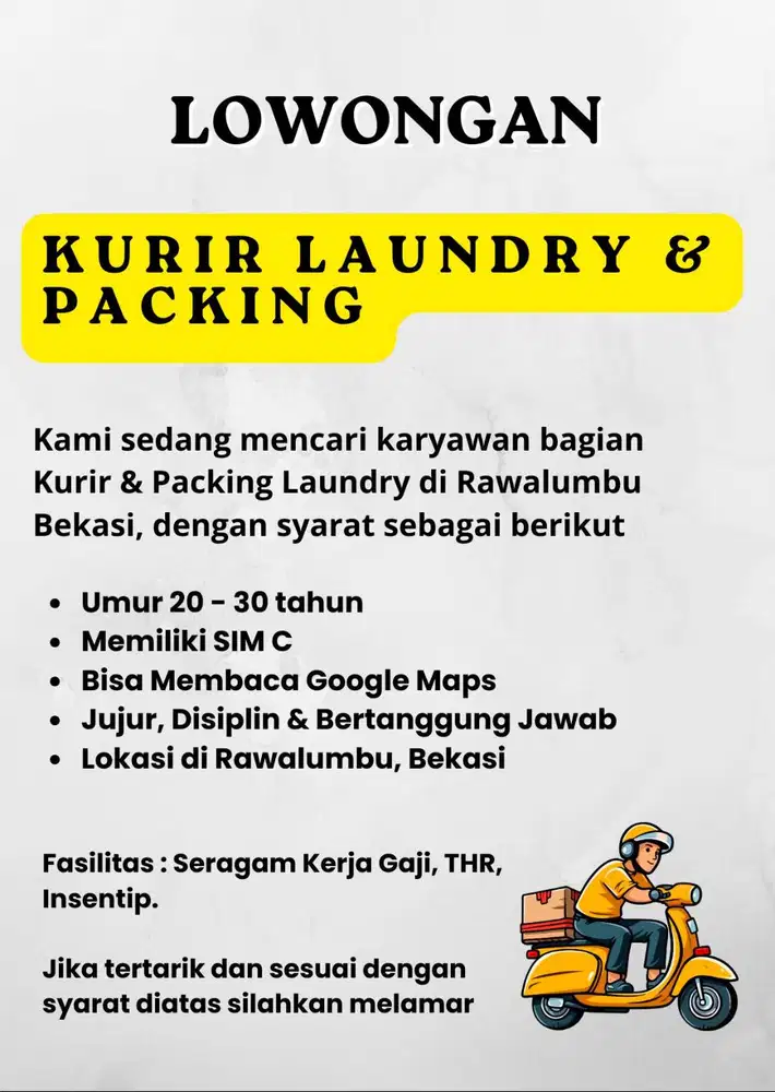Dibutuhkan Staf Kurir & Packing Laundry Siap Kerja