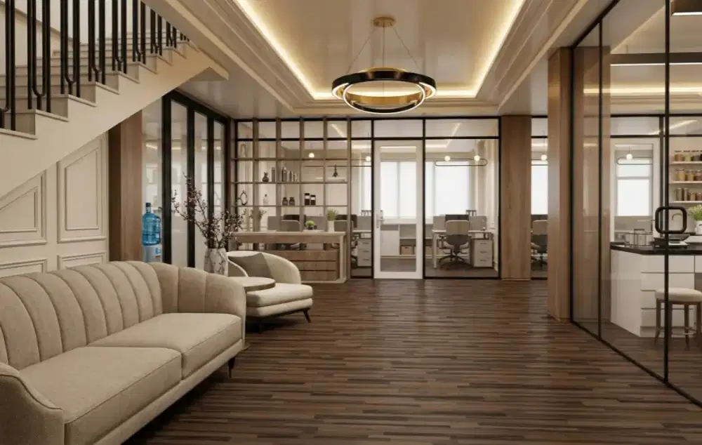 Interior Kantor Office Meja kerja Lemari Backdrop Sofa