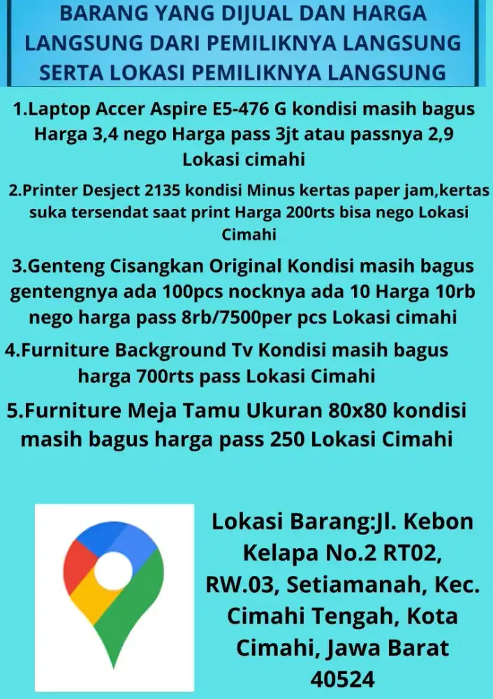 barang² dijual laptop,printer,genteng cisangkan,furniture