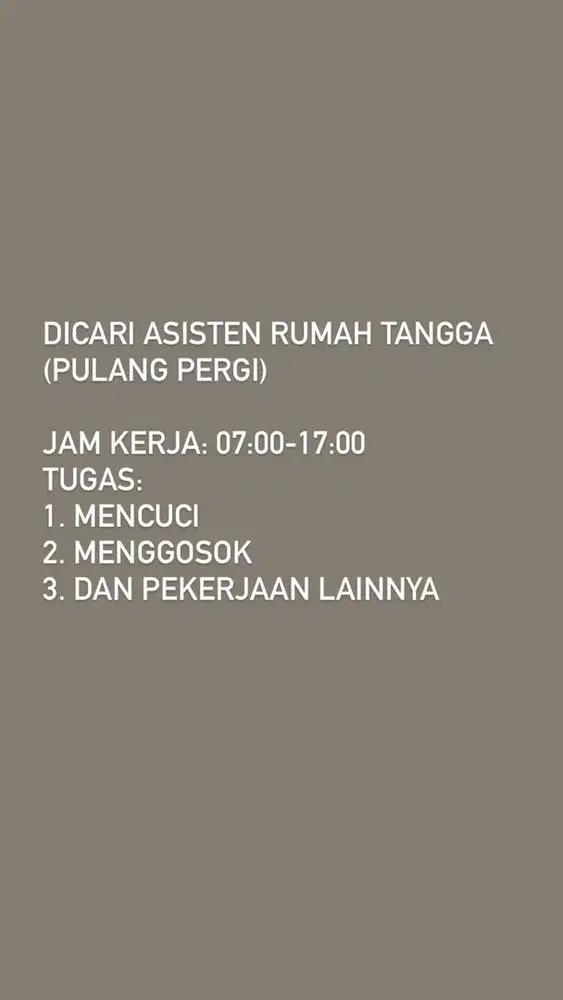 Dicari Asisten Rumah Tangga